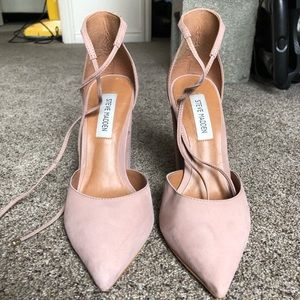Pink suede heels with ankle tie